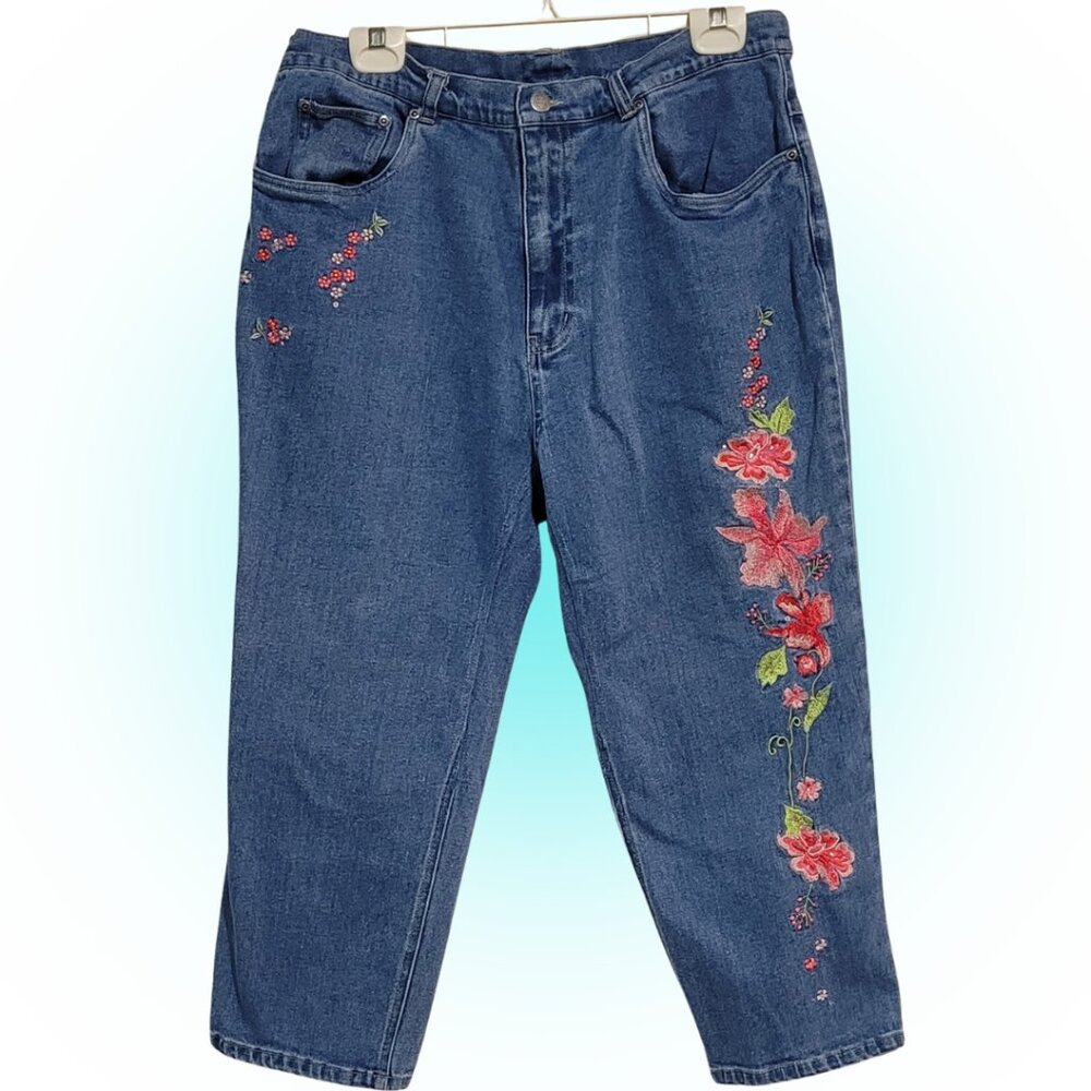 PRETTY FLORAL EMBROIDERED CROPPED PANTS JEANS EUC L